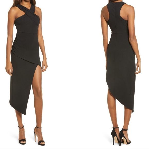 LULU’S Guess Again Halter Neck Asymmetrical Midi Dress. Color:BLACK.New withTag! - Picture 3 of 3